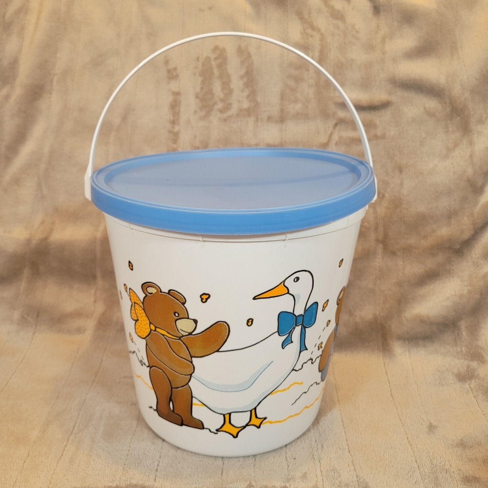 Cottagecore Teddy Bear Goose Storage Bucket Popcorn White Blue Vintage Bow Retro
